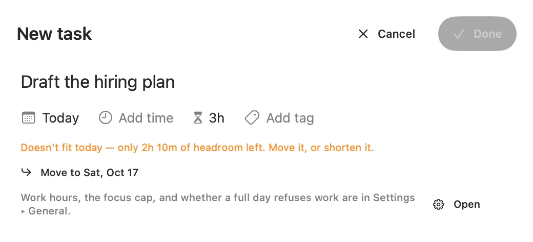 A task that doesn't fit: "Doesn't fit today"