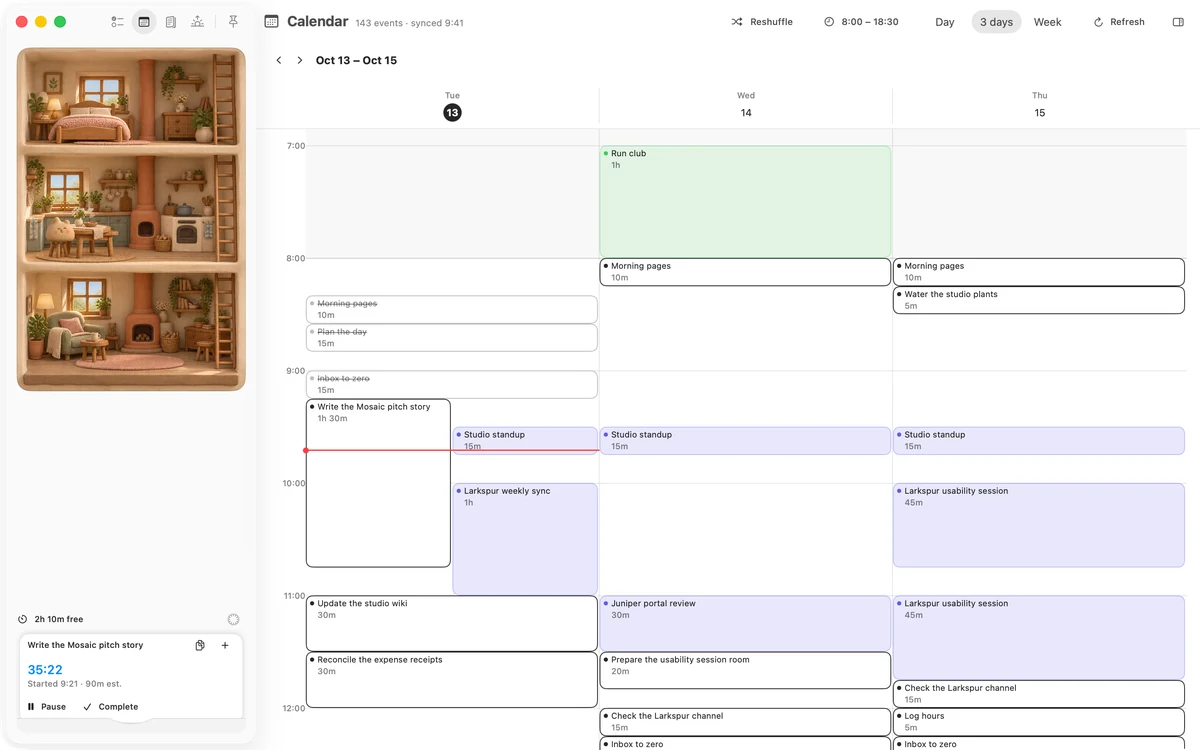 Tasks and meetings on three days of the calendar