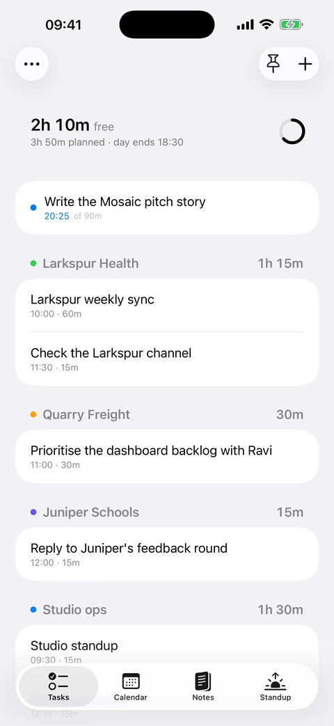 The iPhone app: Tasks, with 2h 10m free and one task running.