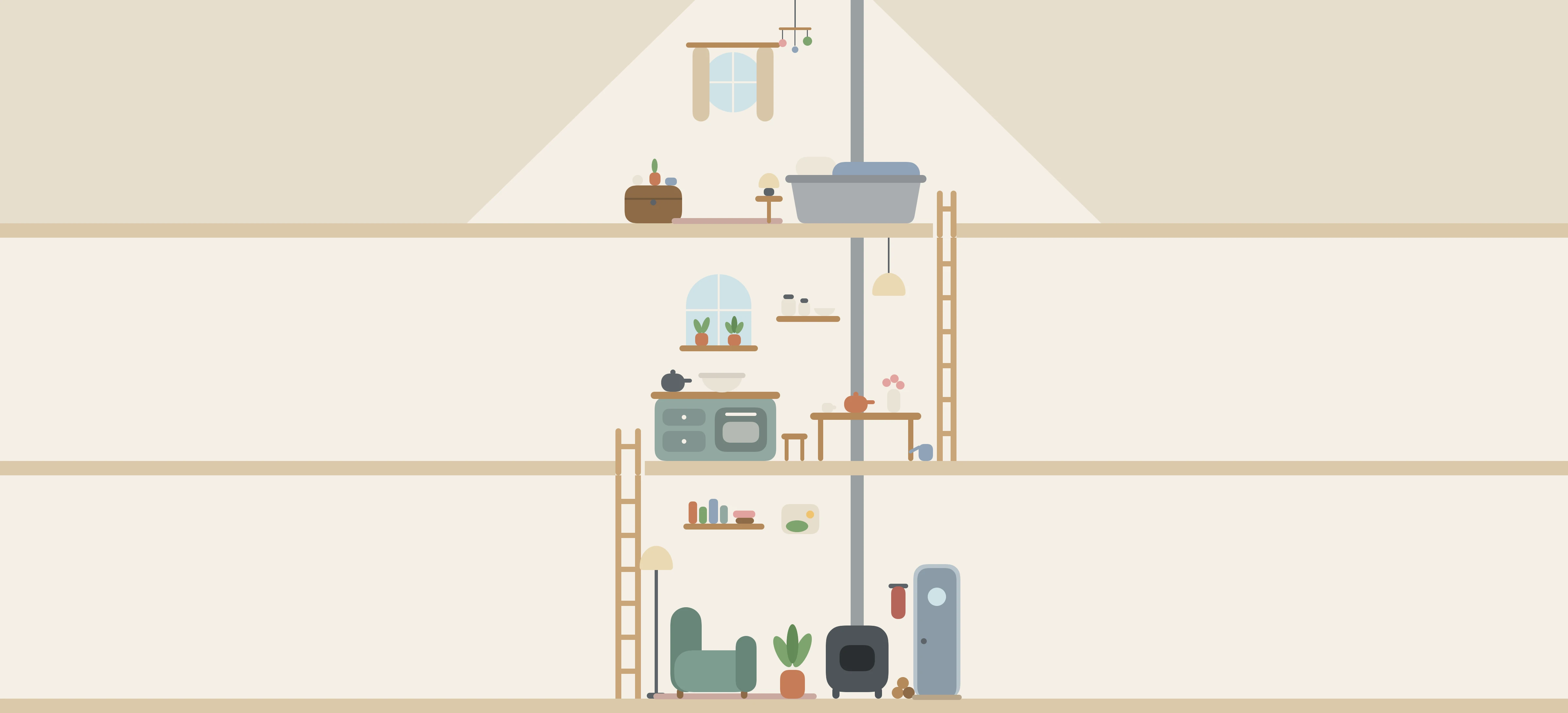 Loafy's home: a bedroom in the roof, a kitchen and a living room, one above the other, with Loafy napping in the mixing bowl on the kitchen counter.